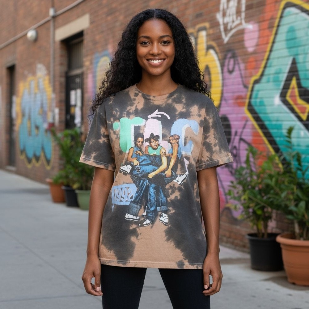 TLC 1992 Vintage Style Graphic T-Shirt Band Tee Bleach Dye Women's
